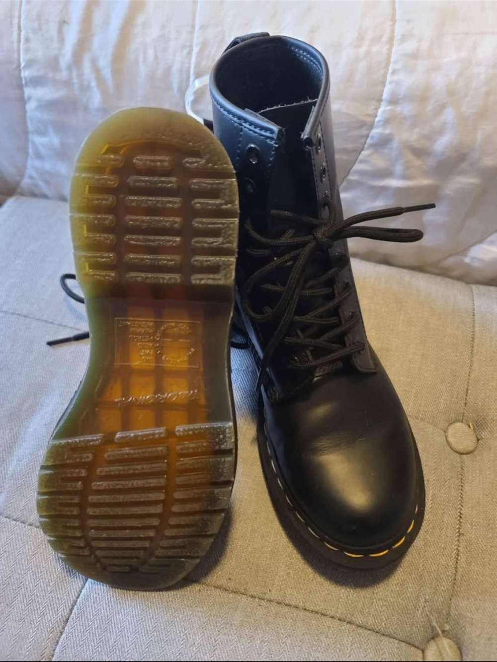 Dr. Martens Women’s Black Leather Lace-Up Boots with Yellow Stitching - Picture 3 of 3
